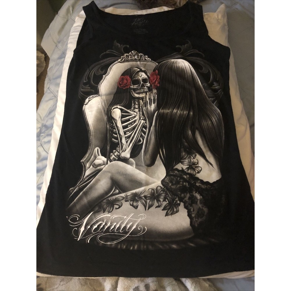 WOMAN Tank top.  BIKER . MOTORCYCLE. RAT ROD. CHOPPERS OG Angels skeleton.